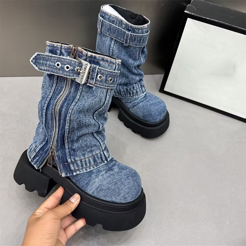 2024 Round Toe Thick Bottom Side Zipper Belt Buckle Female Shoes Solid Color Low Heel New Denim Ankle Boots For Women
