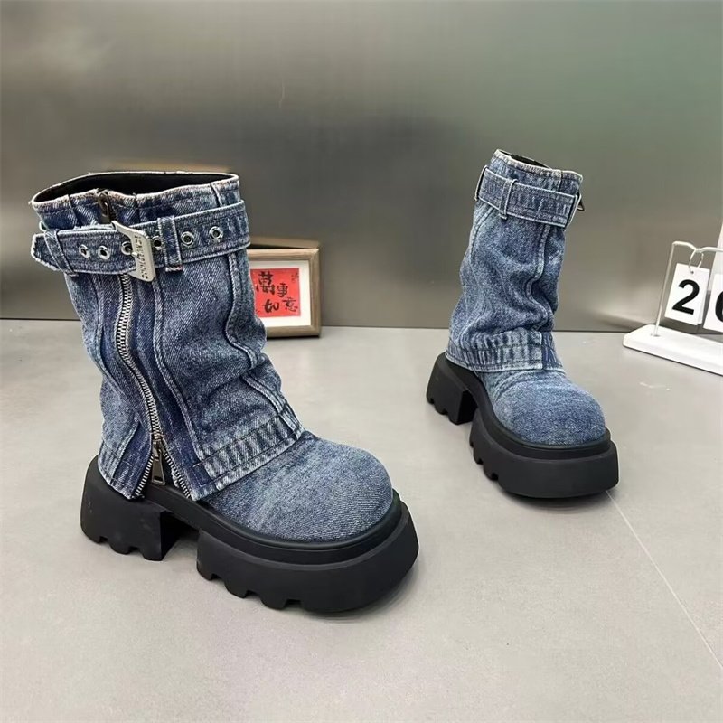 2024 Round Toe Thick Bottom Side Zipper Belt Buckle Female Shoes Solid Color Low Heel New Denim Ankle Boots For Women