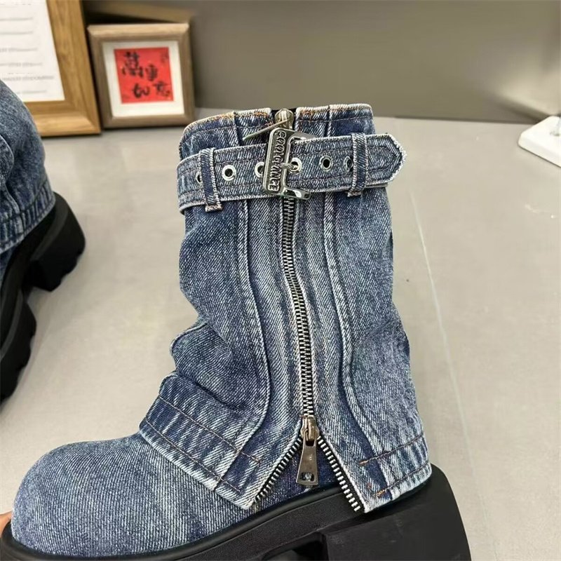 2024 Round Toe Thick Bottom Side Zipper Belt Buckle Female Shoes Solid Color Low Heel New Denim Ankle Boots For Women