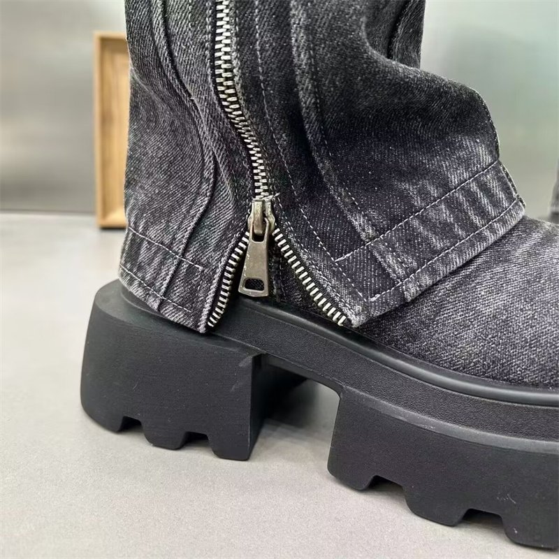 2024 Round Toe Thick Bottom Side Zipper Belt Buckle Female Shoes Solid Color Low Heel New Denim Ankle Boots For Women