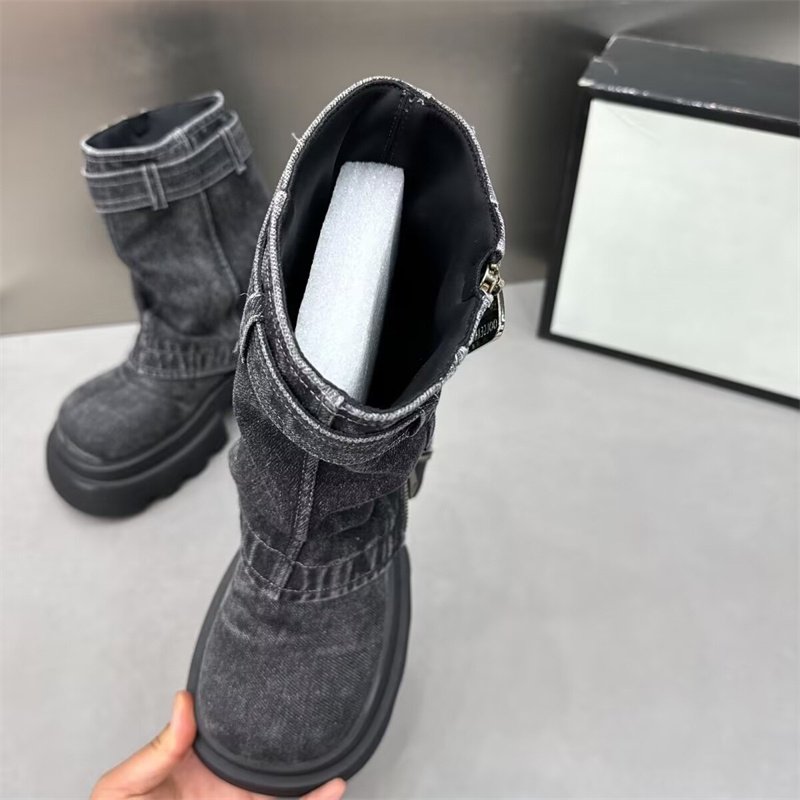 2024 Round Toe Thick Bottom Side Zipper Belt Buckle Female Shoes Solid Color Low Heel New Denim Ankle Boots For Women