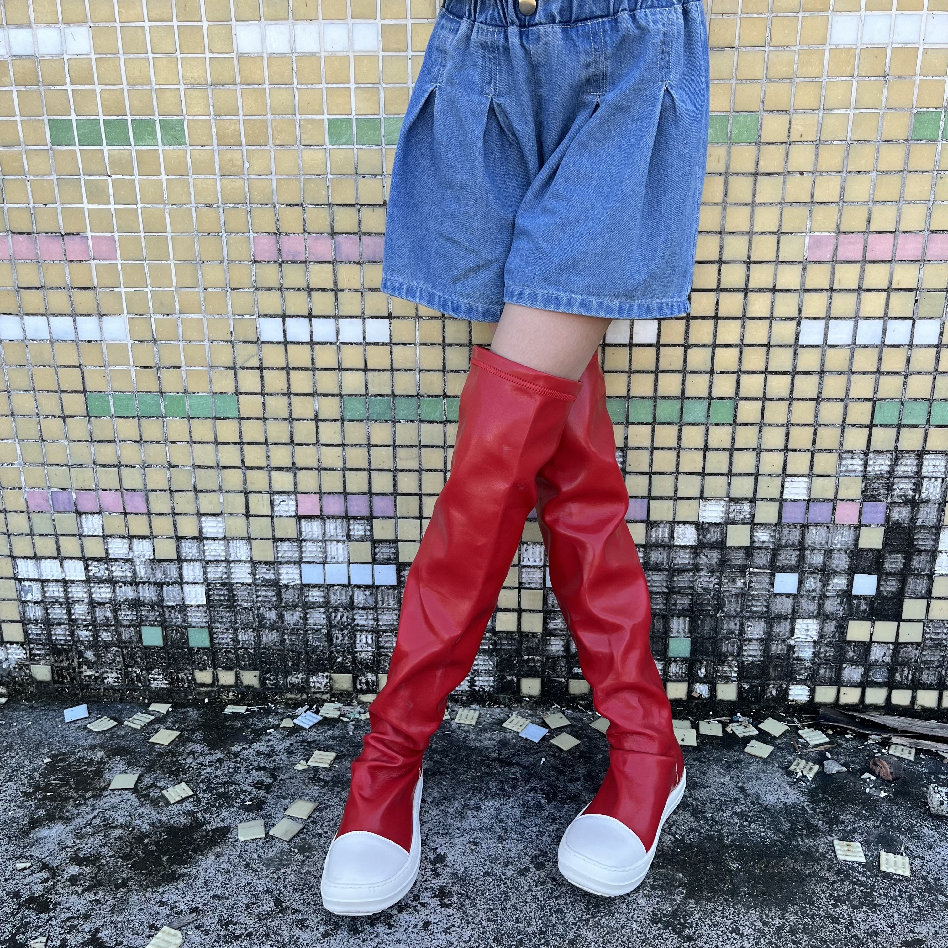 Red Sexy Little Girls Long Boot Cowgirls Soft Leather Wedge Heel Thigh High Girls Over Knee Boots for Kids Children