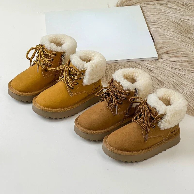 Winter Children's Boys Girls Genuine Leather Round-Toe Thick Sole Wool Ankle Boots Kids Toddler Plush Warm Motorcycle Boots