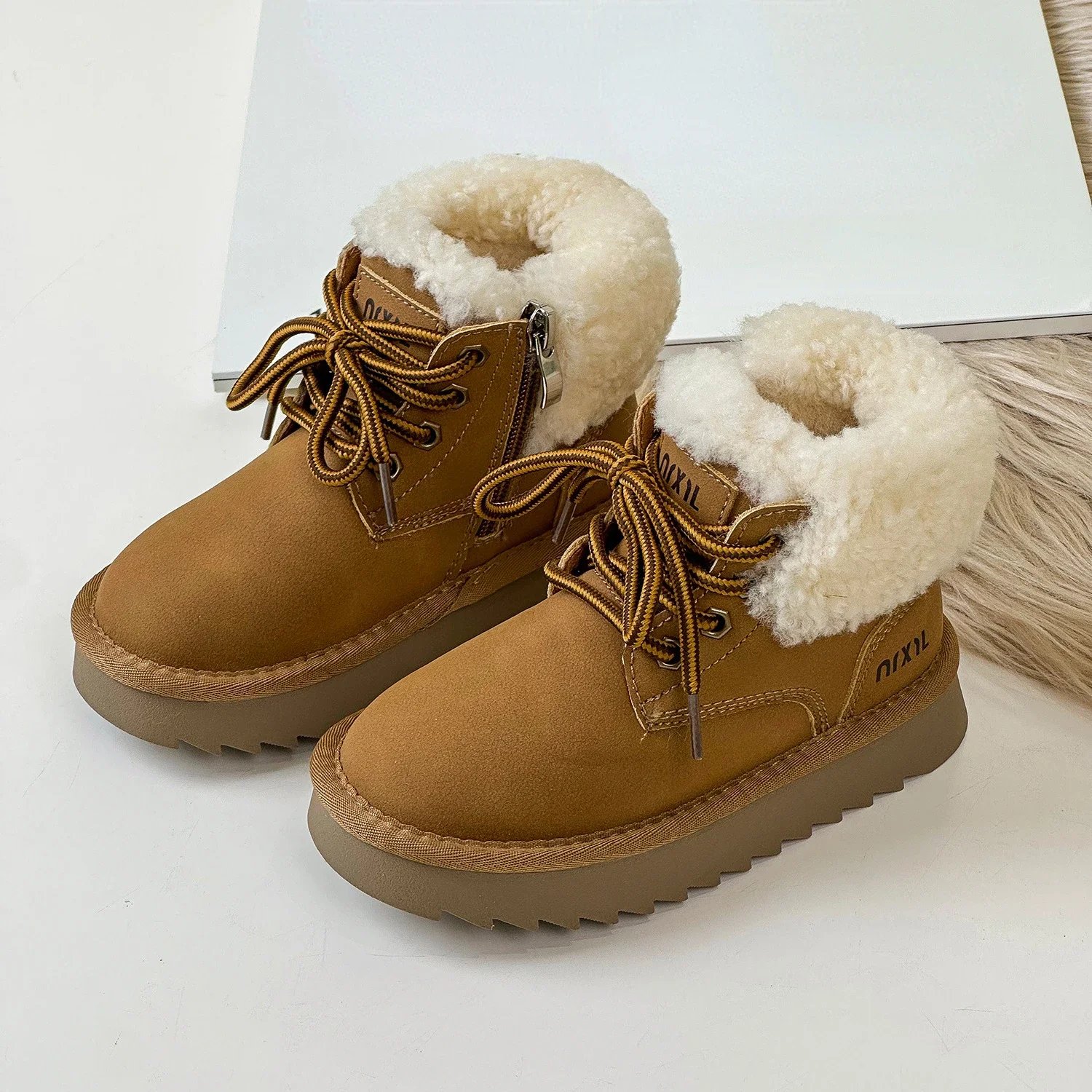 Winter Children's Boys Girls Genuine Leather Round-Toe Thick Sole Wool Ankle Boots Kids Toddler Plush Warm Motorcycle Boots