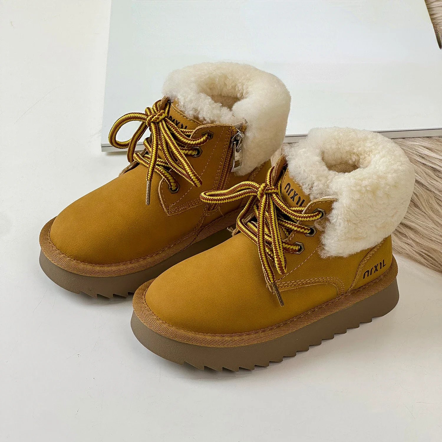 Winter Children's Boys Girls Genuine Leather Round-Toe Thick Sole Wool Ankle Boots Kids Toddler Plush Warm Motorcycle Boots