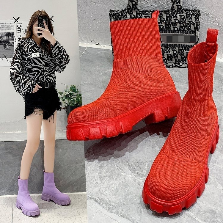 2022 New Arrival Women Knit Socks Boot Lady Thick Heel Flats Platform Shoes Round Toes Europe Plus Size Casual Shoes Boot