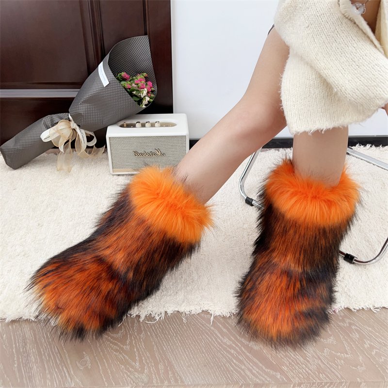 Hot Sale Large Winter Warm Furry Boots Middle Boots Thickened Faux Fur Raccoon Flat Sole Snow Boots Women Shoes