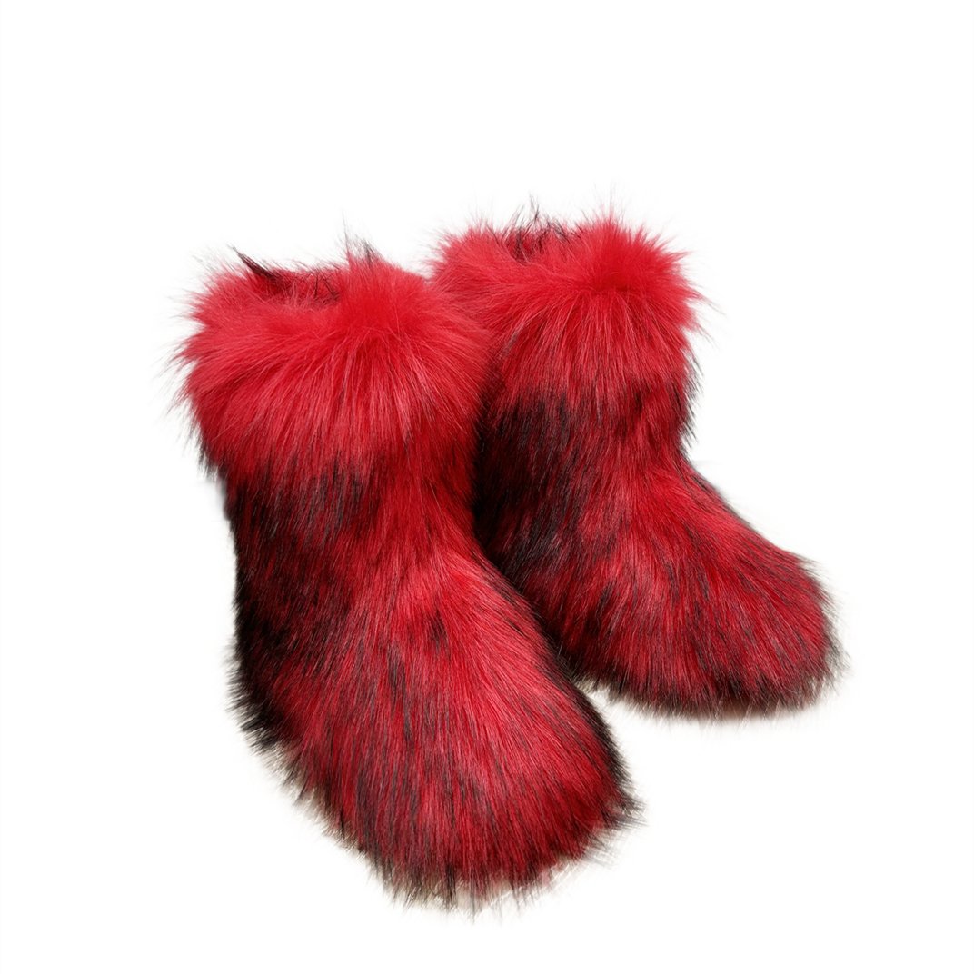 Hot Sale Large Winter Warm Furry Boots Middle Boots Thickened Faux Fur Raccoon Flat Sole Snow Boots Women Shoes