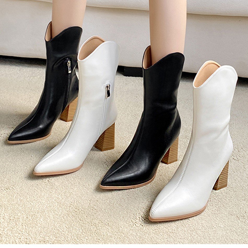 Winter Autumn Pointed Toe Ankle Short Boots Women High heels Shoes Leather Women's Boots