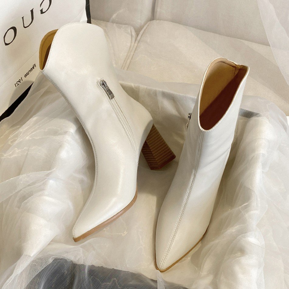 Winter Autumn Pointed Toe Ankle Short Boots Women High heels Shoes Leather Women's Boots
