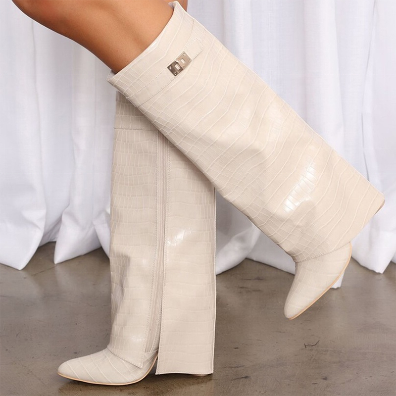 Handmade Women Boots Fashion Overlay Snake Print Pointy Toe Knee High Boots for Teens Autumn Winter Side Zip Shoes
