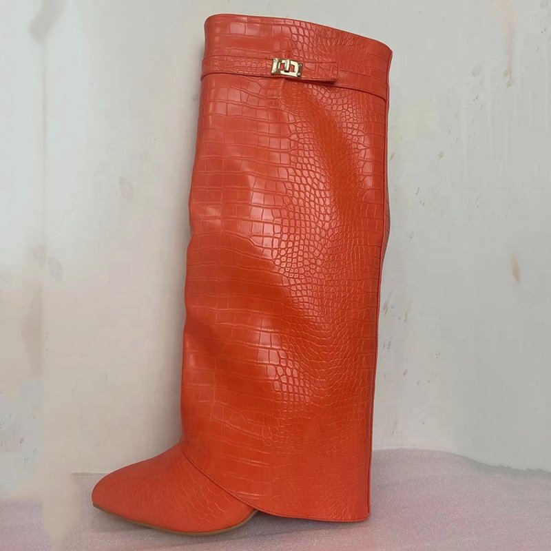 Handmade Women Boots Fashion Overlay Snake Print Pointy Toe Knee High Boots for Teens Autumn Winter Side Zip Shoes