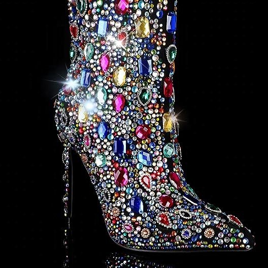 Womens ankle diamonds colorful crystal thin high heels boots