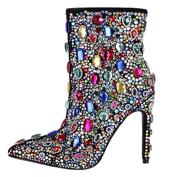 Womens ankle diamonds colorful crystal thin high heels boots