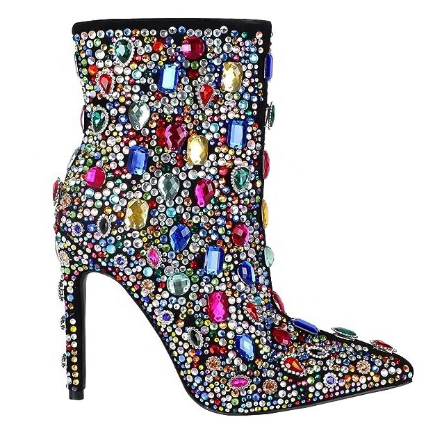 Womens ankle diamonds colorful crystal thin high heels boots