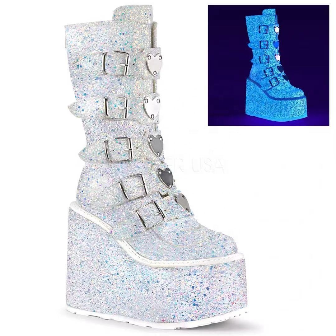 Customized New Pink Glitter Sequins Heart Round Toe Platform Shoes Knee High Big Size Punk Shoes Fashion Wedge Cool Boots