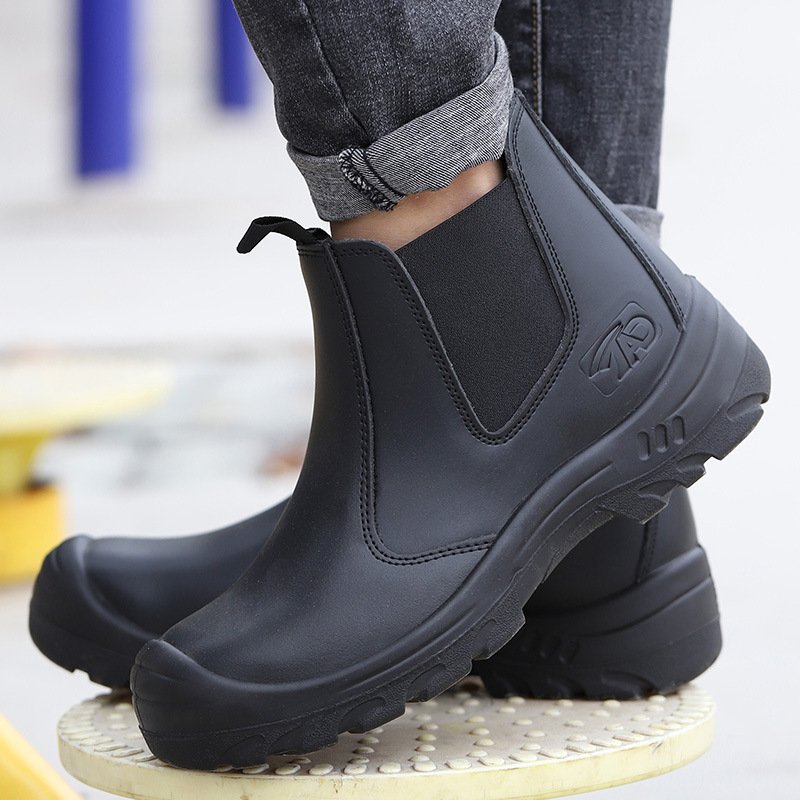 Fashion Black Leather Waterproof Oil Resistant Outdoor No Lace Work Boots Casual Boots Steel Toe Safety Shoes For Women Men