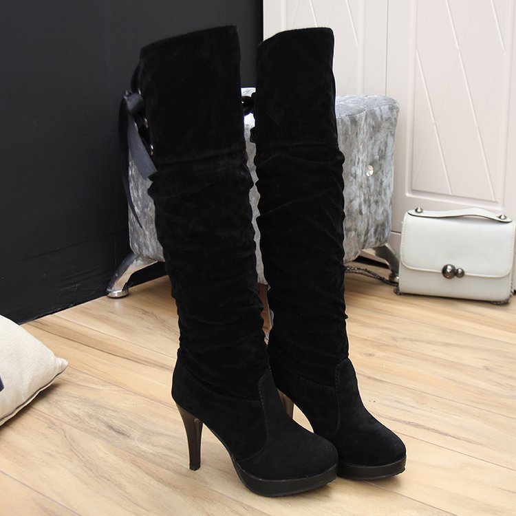 Women's boots 2022 thick heel medium high tube back lace up riding boots Winter sexy black boots