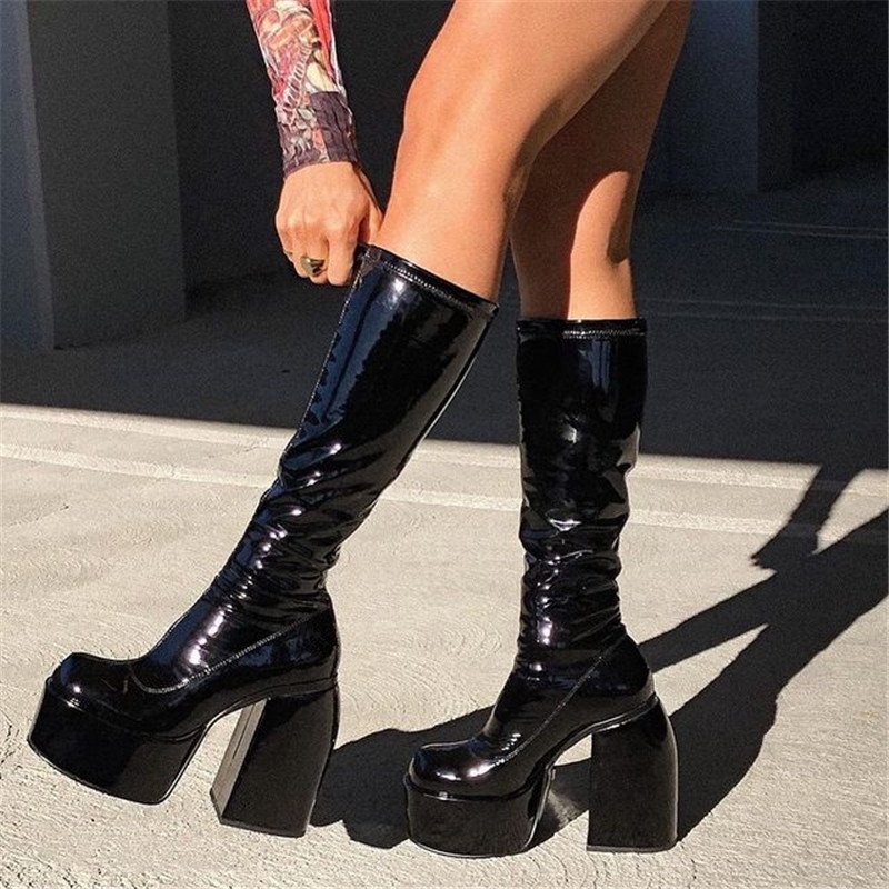 BUSY GIRL LG32411 Punk Women High Heels Knee Boots Platforms chunky Zipper Stretch Microfiber Sexy Night Club Party Pumps Boots