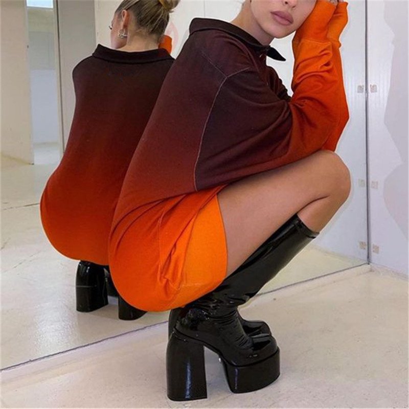 BUSY GIRL LG32411 Punk Women High Heels Knee Boots Platforms chunky Zipper Stretch Microfiber Sexy Night Club Party Pumps Boots