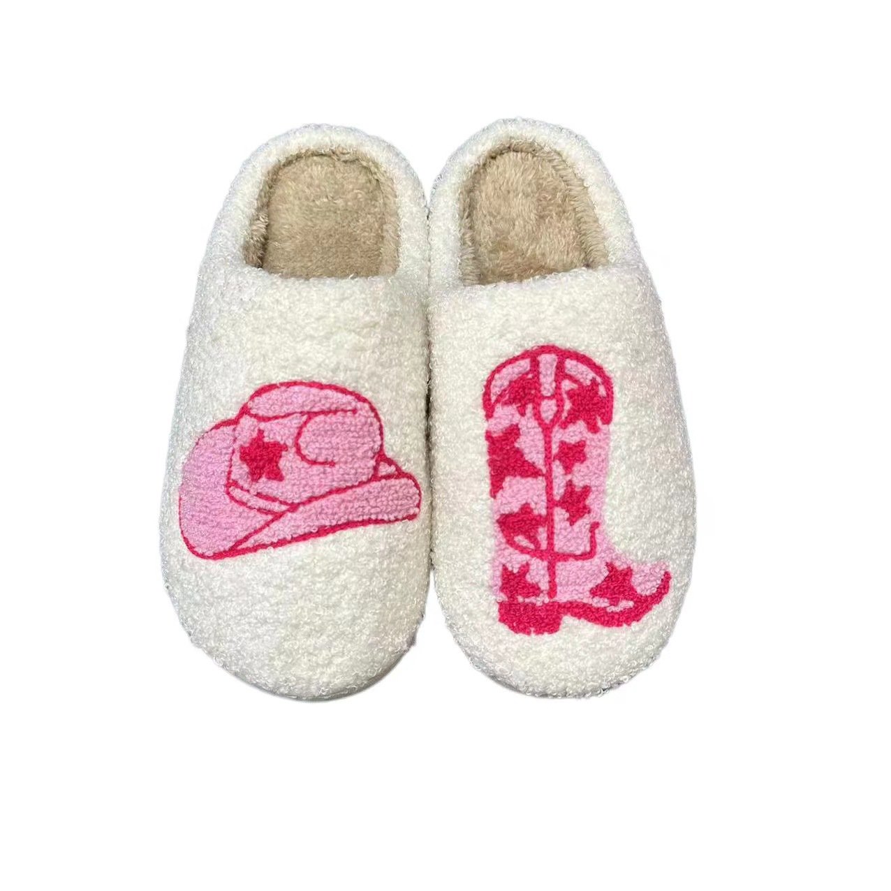 New Arrival Plush House Slippers Cute Western Cowboy Boot Hat Pattern Warm Fuzzy Slippers