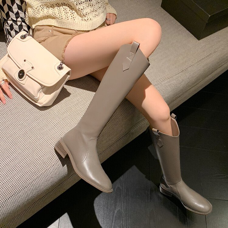 Cialisa Genuine Leather Wholesale Shoes Long Tall Boot Autumn Winter Black Knee High Boots Grey Flats For Women