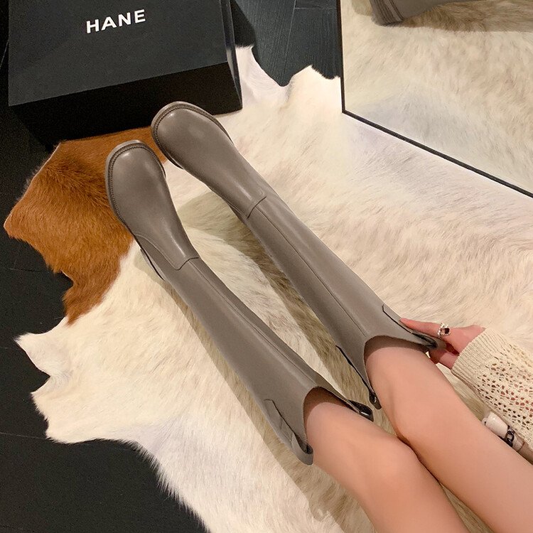 Cialisa Genuine Leather Wholesale Shoes Long Tall Boot Autumn Winter Black Knee High Boots Grey Flats For Women