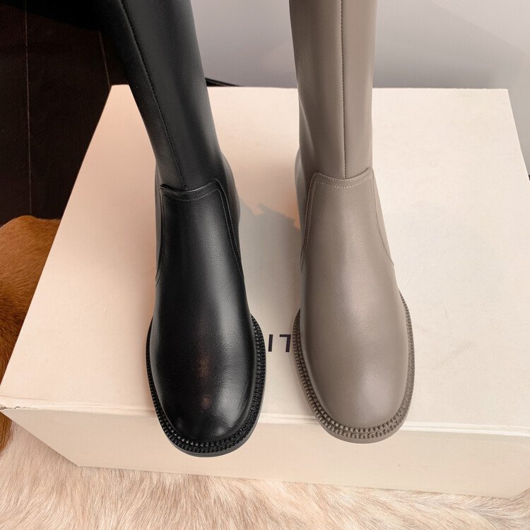Cialisa Genuine Leather Wholesale Shoes Long Tall Boot Autumn Winter Black Knee High Boots Grey Flats For Women