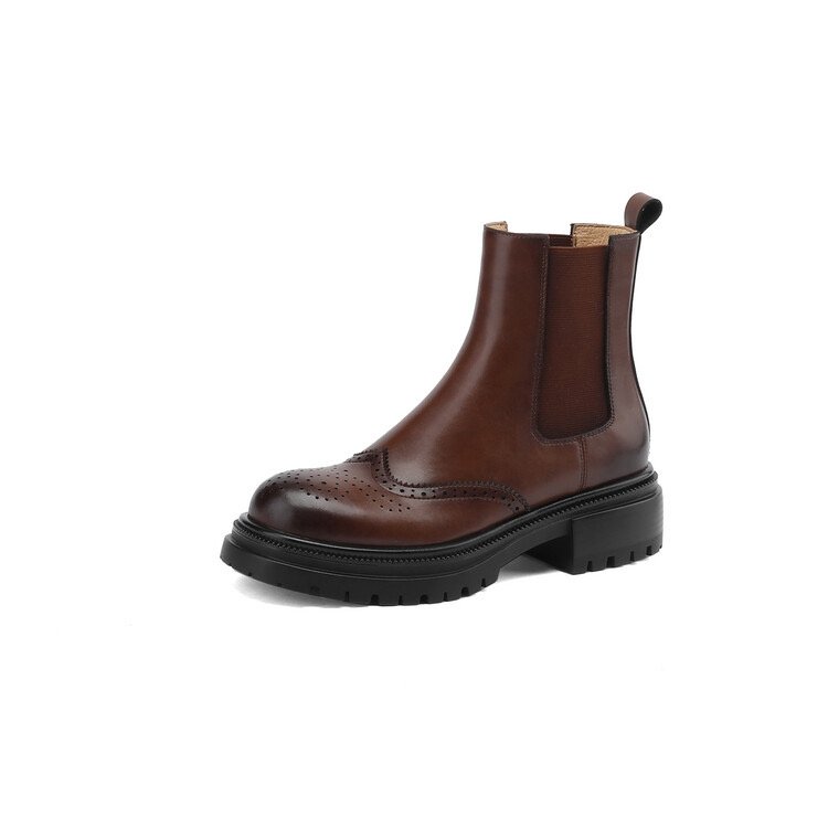 New Fashion Handmade Comfortable Womens Leather Chelsea Ankle Low Heel Mid-Calf Chunky Sole Slip On Boots Fall Winter Booties