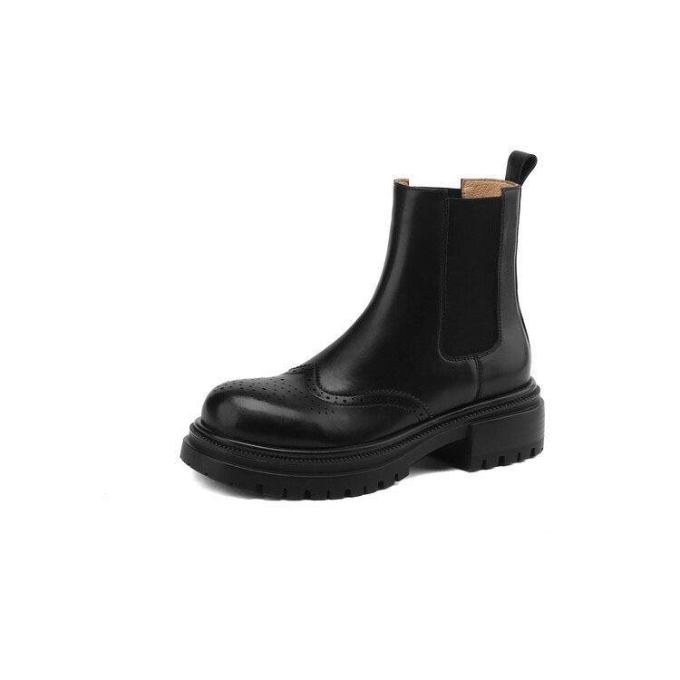 New Fashion Handmade Comfortable Womens Leather Chelsea Ankle Low Heel Mid-Calf Chunky Sole Slip On Boots Fall Winter Booties