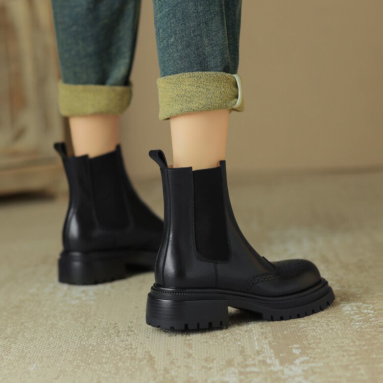 New Fashion Handmade Comfortable Womens Leather Chelsea Ankle Low Heel Mid-Calf Chunky Sole Slip On Boots Fall Winter Booties