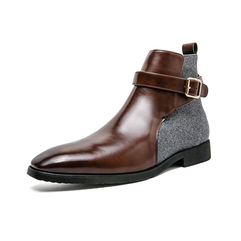 Fashion Footwear Spliced Microfiber Leather Boots High Ankle Men's Casual Walking Style Shoes Belt Buckle Dress Shoe Outdoor