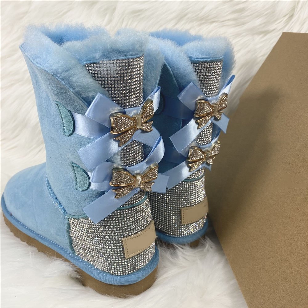 Wholesale glitter Winter Outdoor boots customized shiny sheepskin sparkle diamonds indoor rhinestone snow fur boots for women