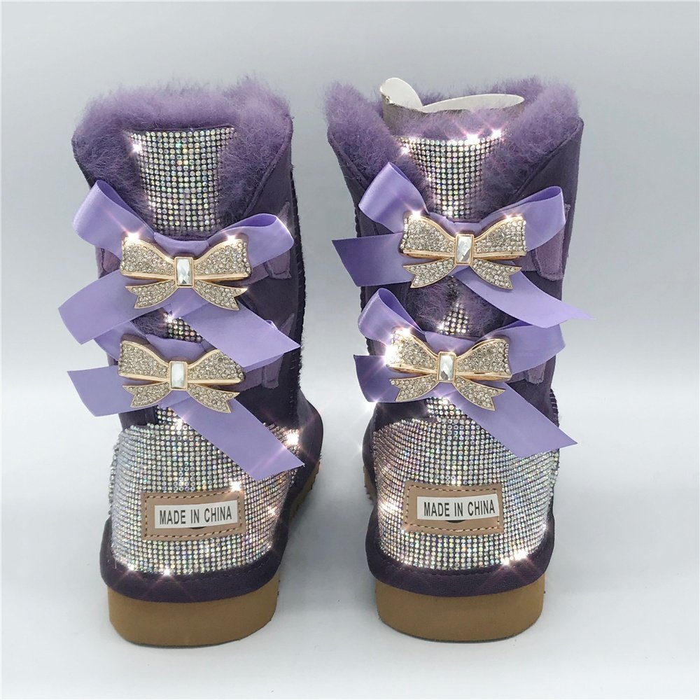 Wholesale glitter Winter Outdoor boots customized shiny sheepskin sparkle diamonds indoor rhinestone snow fur boots for women