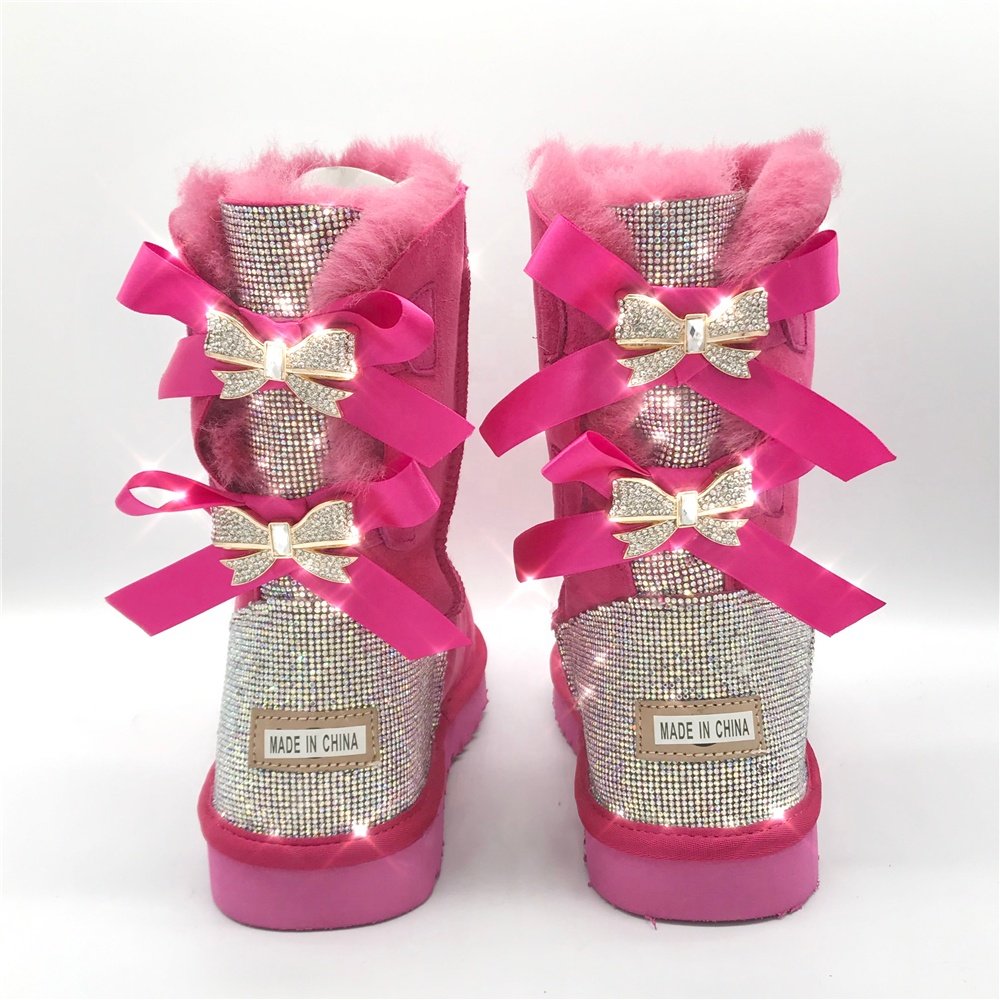 Wholesale glitter Winter Outdoor boots customized shiny sheepskin sparkle diamonds indoor rhinestone snow fur boots for women