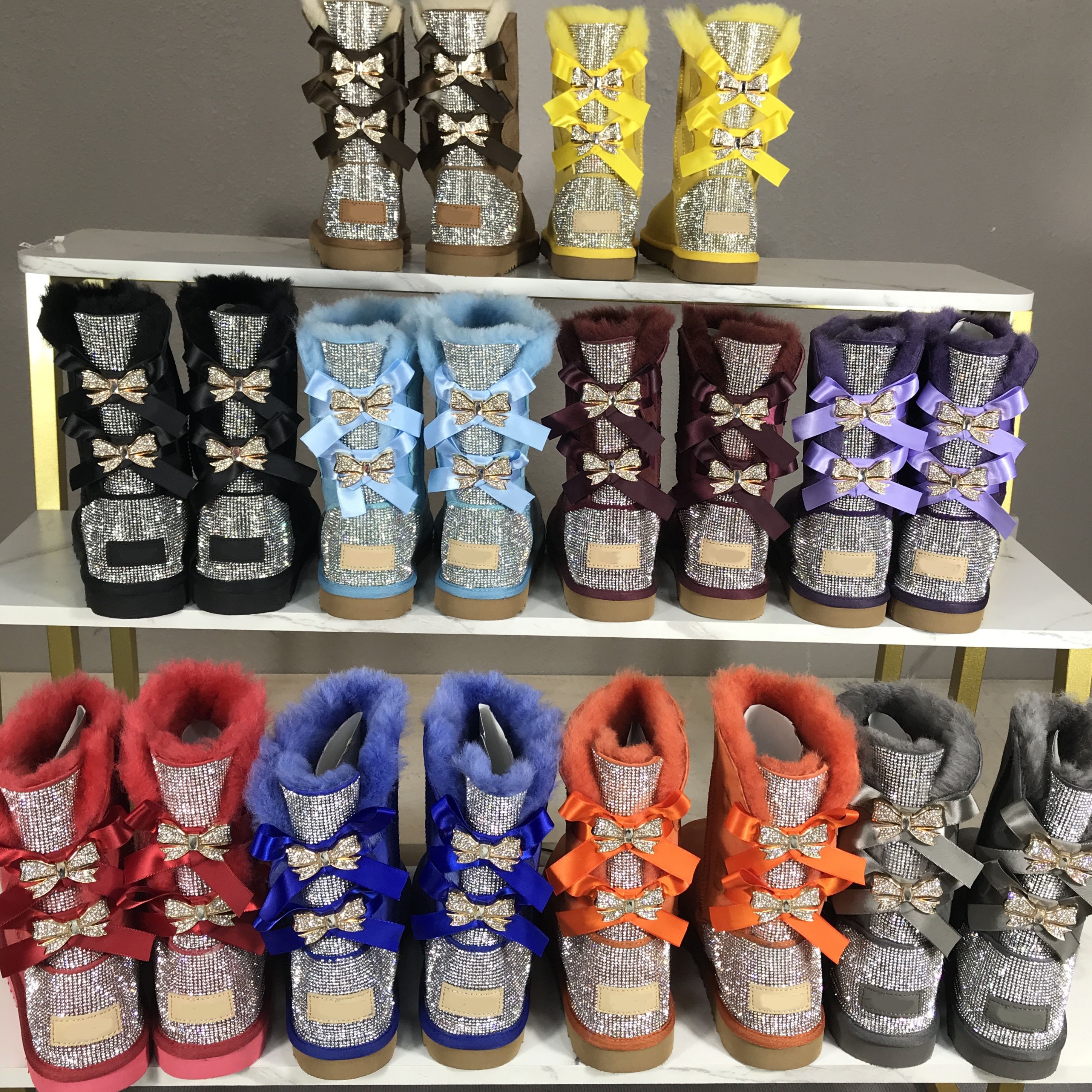 Wholesale glitter Winter Outdoor boots customized shiny sheepskin sparkle diamonds indoor rhinestone snow fur boots for women