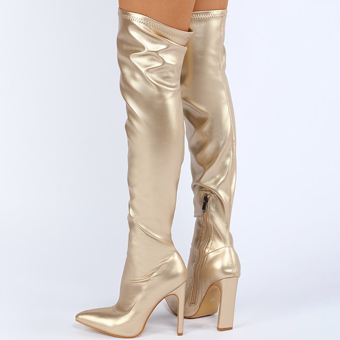 ALABAMA POINTED TOE OVER THE KNEE THIGH HIGH LONG SOCK BOOT IN Gold2025