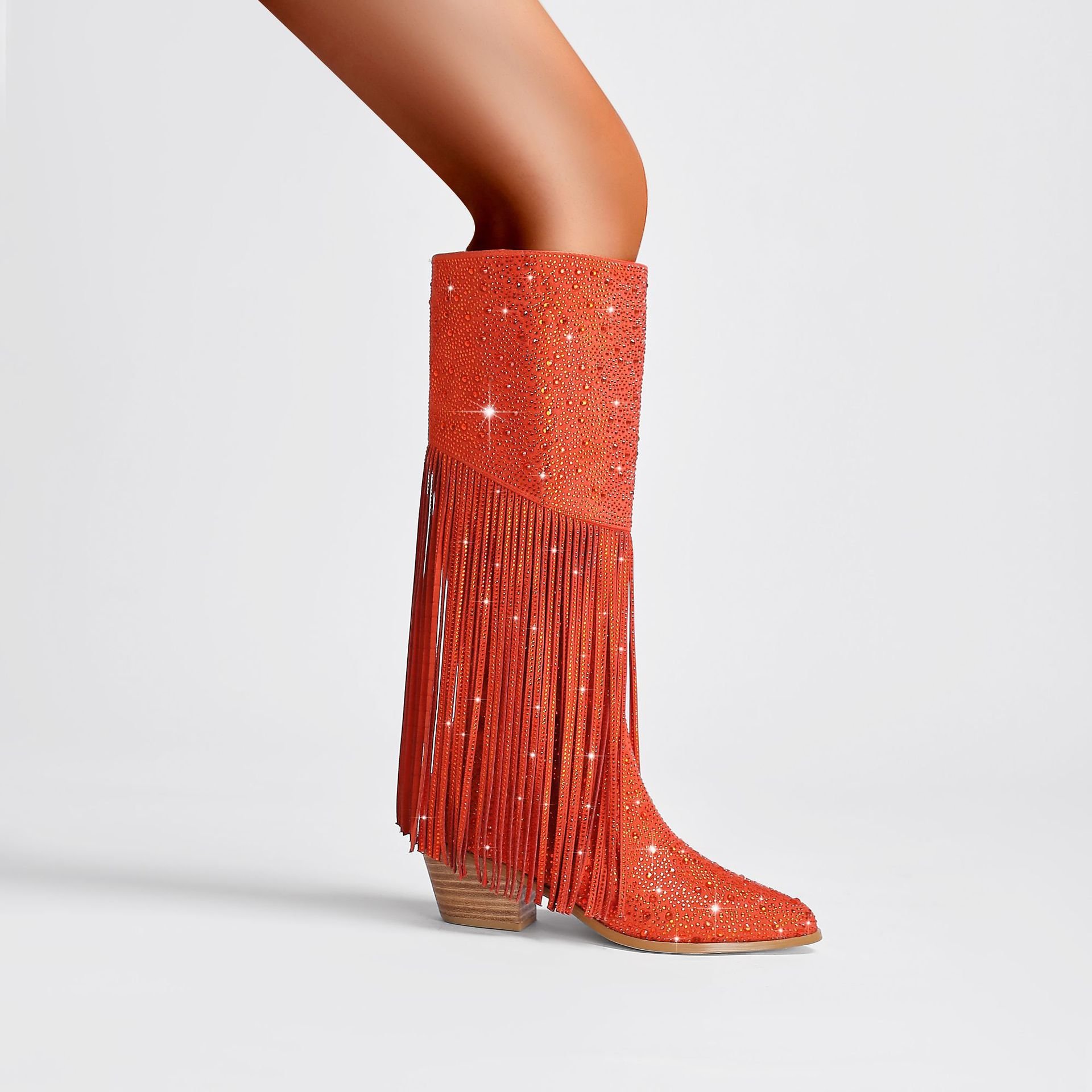 SHIKOL cowboy boots for women hot pink jewel blue orange fringe wedding party shoes high heels ladies rhinestone knee high boots