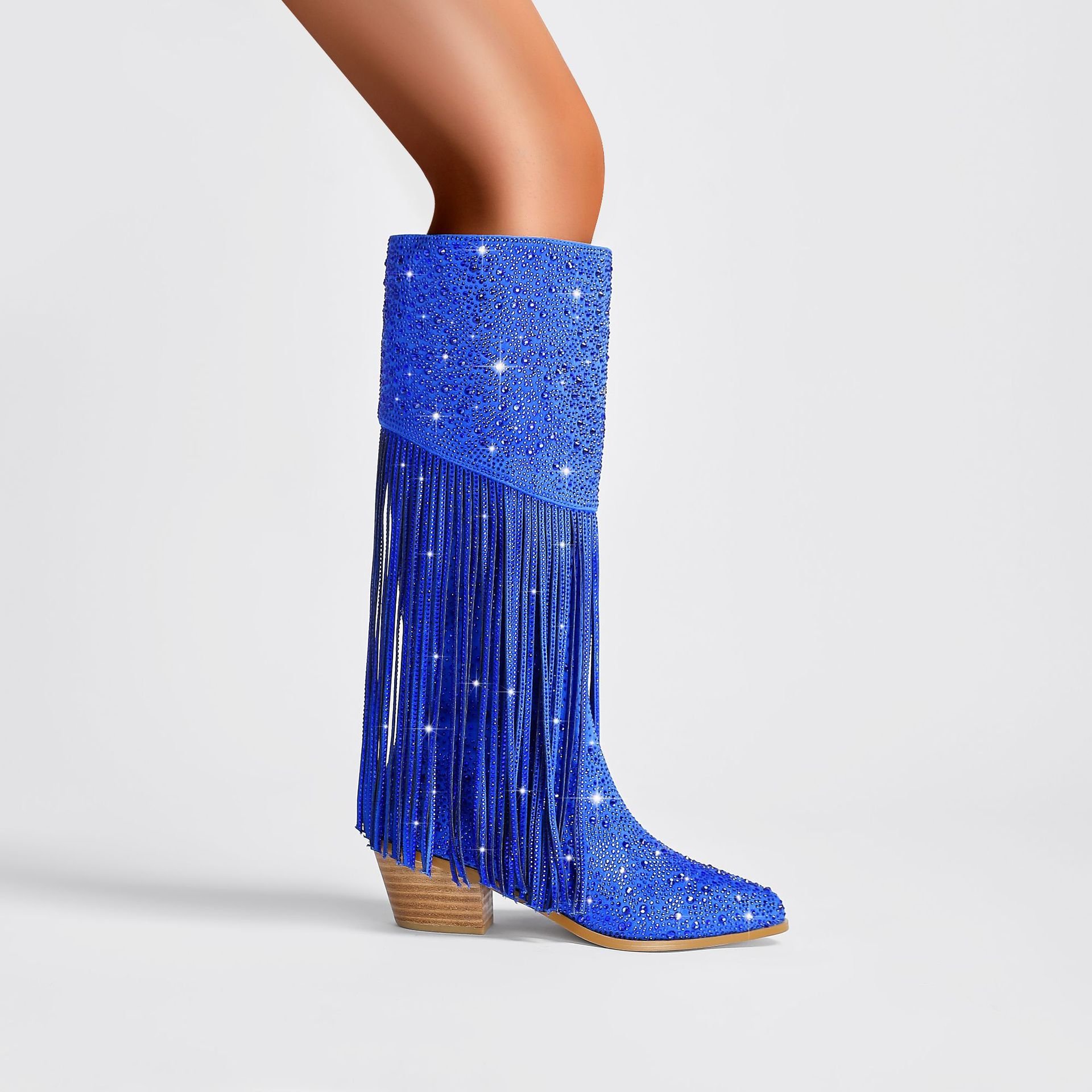 SHIKOL cowboy boots for women hot pink jewel blue orange fringe wedding party shoes high heels ladies rhinestone knee high boots