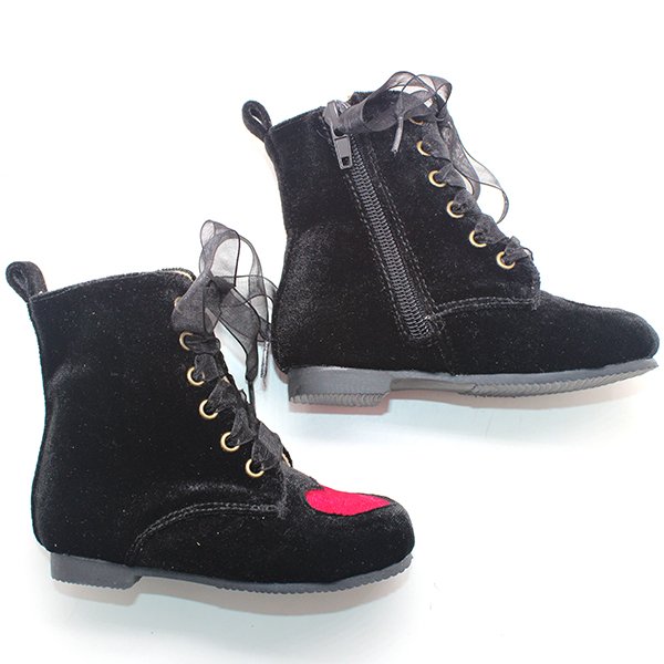 winter rose red heart-shaped black velvet heel boots kids rubber boots shoes for girls and boys