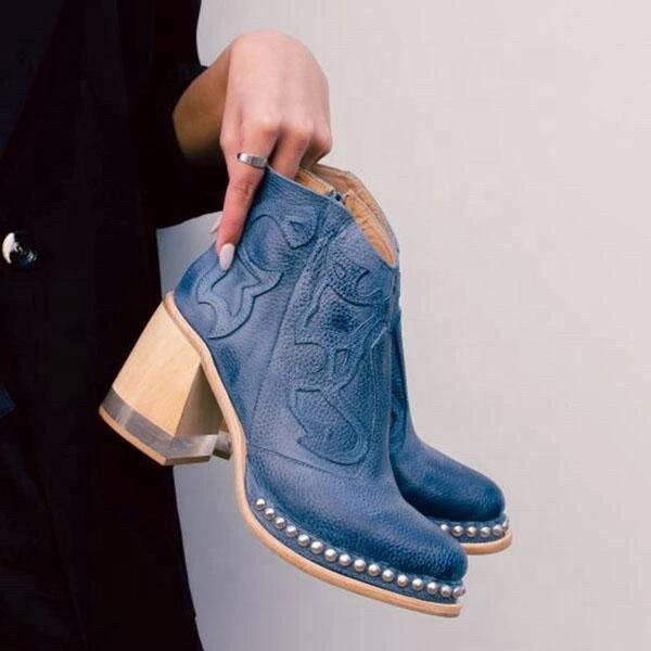 2022 Autumn Winter New Arrival Blue Embroidery Ethnic Style Mid Square Translucent Wooden Heels Rivet Ankle Women Western Boots