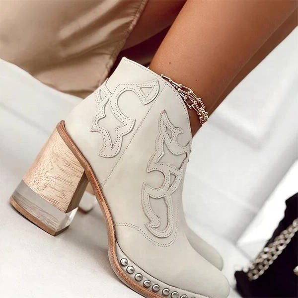2022 Autumn Winter New Arrival Blue Embroidery Ethnic Style Mid Square Translucent Wooden Heels Rivet Ankle Women Western Boots