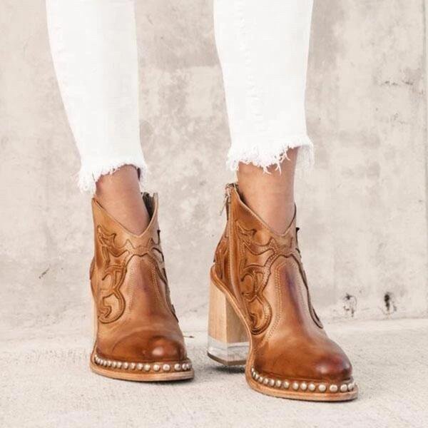 2022 Autumn Winter New Arrival Blue Embroidery Ethnic Style Mid Square Translucent Wooden Heels Rivet Ankle Women Western Boots