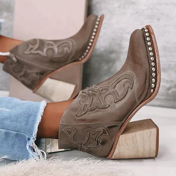 2022 Autumn Winter New Arrival Blue Embroidery Ethnic Style Mid Square Translucent Wooden Heels Rivet Ankle Women Western Boots