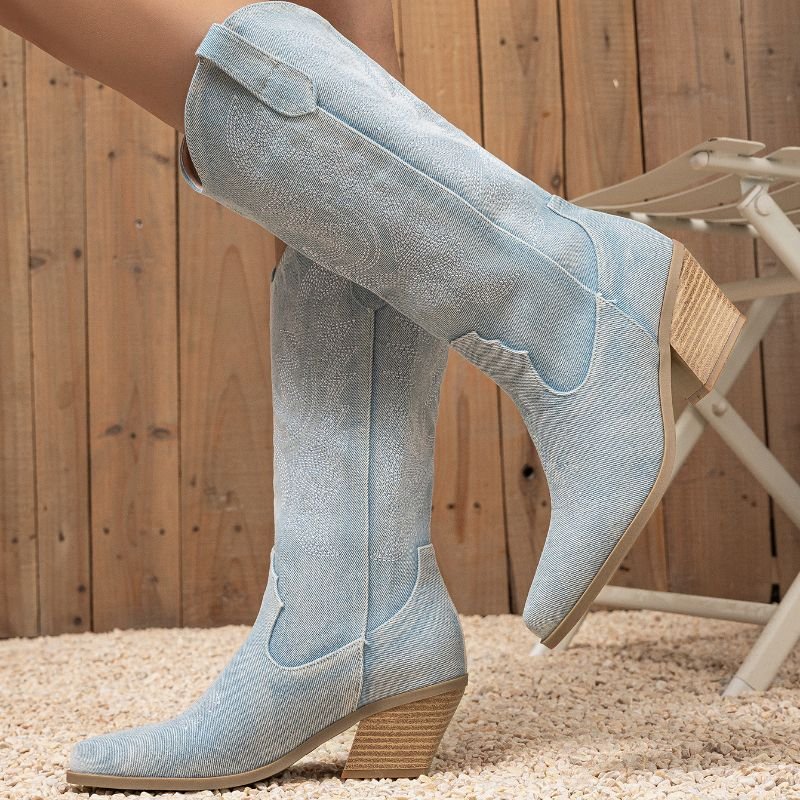 Denim Bottes En Cuir Femme Patent Leather Chunky Heel Ankle Shoes Boots for Women and Ladies