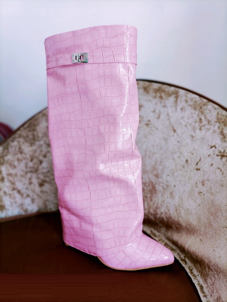 Aimaylen Ladies Winter Boot White Leather Pointed Toe 10.5cm Block Heel Women High Knee Boots