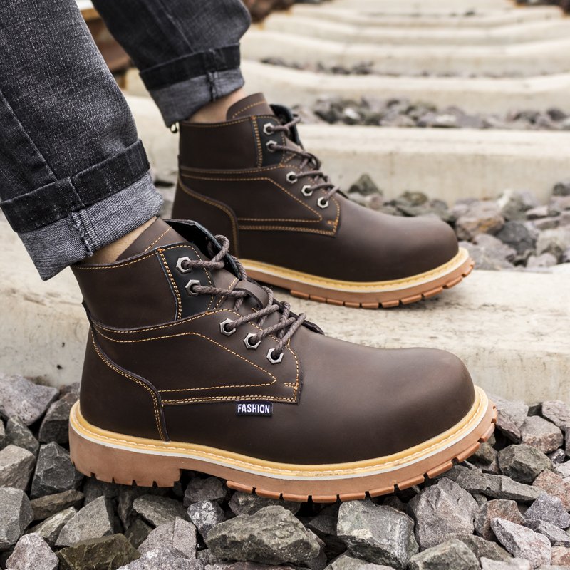 THREEDIV Genuine leather steel toe safety shoes, work shoes, men's boots