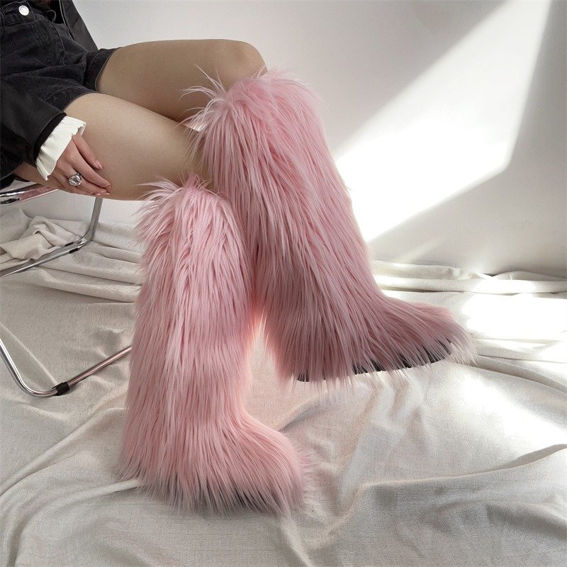 2024 Trendy Fluffy Footwear Women's Faux Fur Knee-High Boots Warm Fashion Long Plush Winter Snow Boots