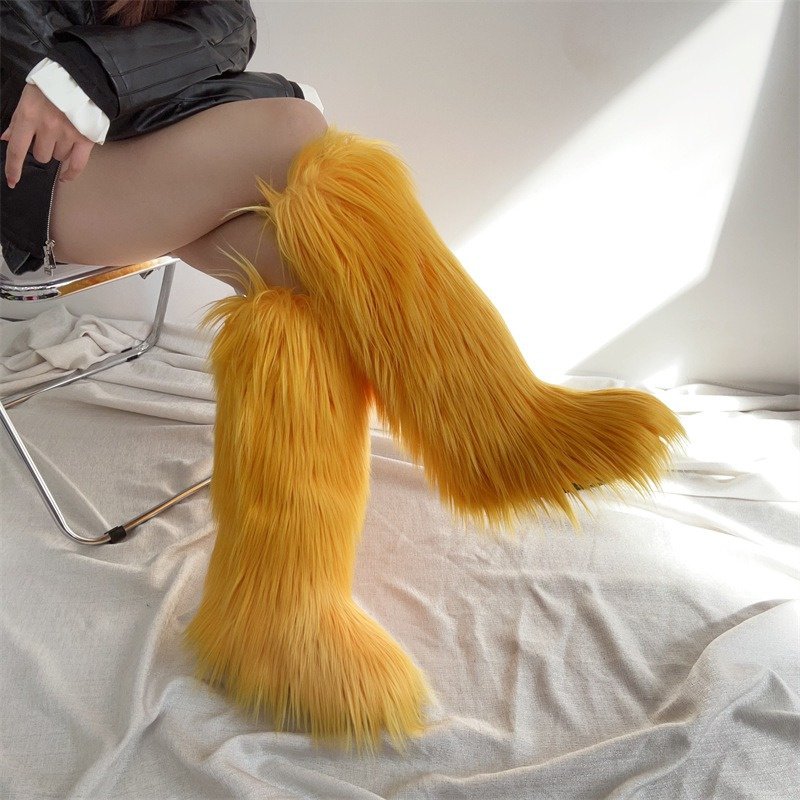 2024 Trendy Fluffy Footwear Women's Faux Fur Knee-High Boots Warm Fashion Long Plush Winter Snow Boots