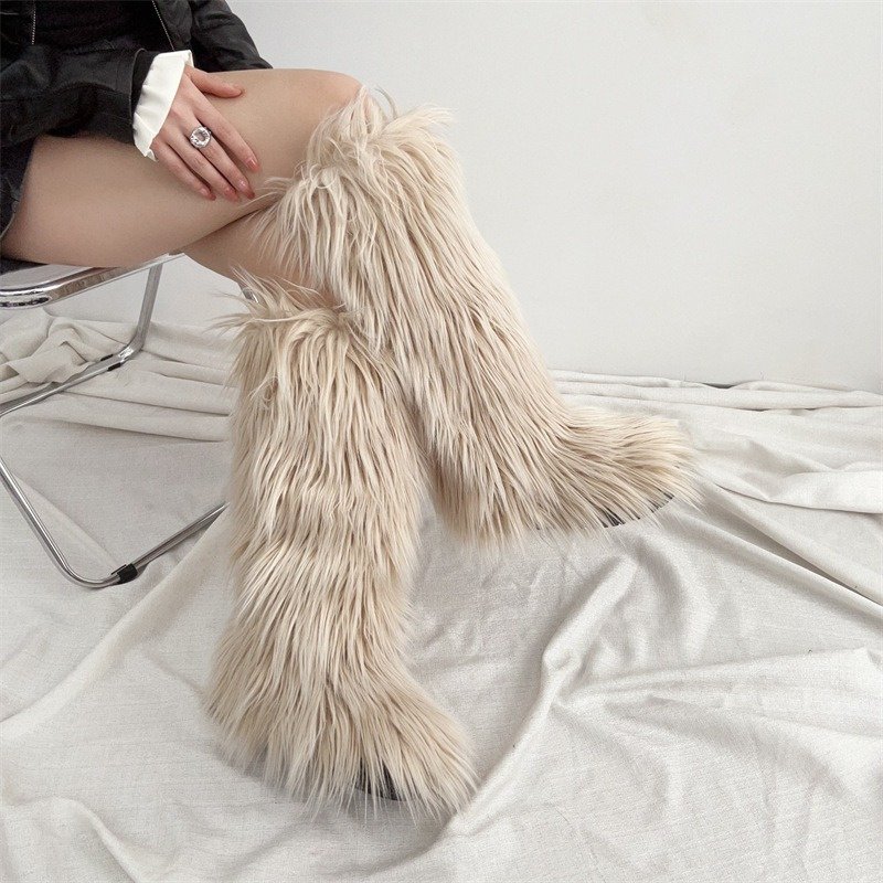2024 Trendy Fluffy Footwear Women's Faux Fur Knee-High Boots Warm Fashion Long Plush Winter Snow Boots